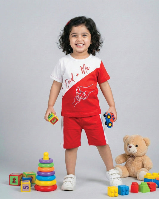 Girls Cute Dad+Me Print Summer Outfit – Red Shorts Set