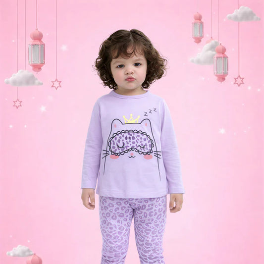 Cute Cat Print Pajama Set – Soft Cotton Night Suit (Lavender)
