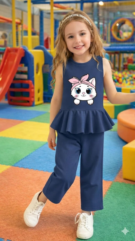 Cute Kitty Girls 2-Piece Peplum Set – Navy Blue