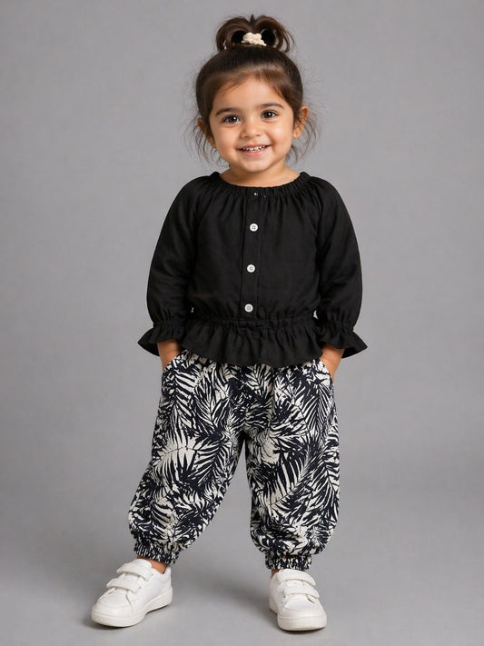 Toddler Girls Black Ruffle Top & Leaf Print Pants Set – Cute Casual Outfit