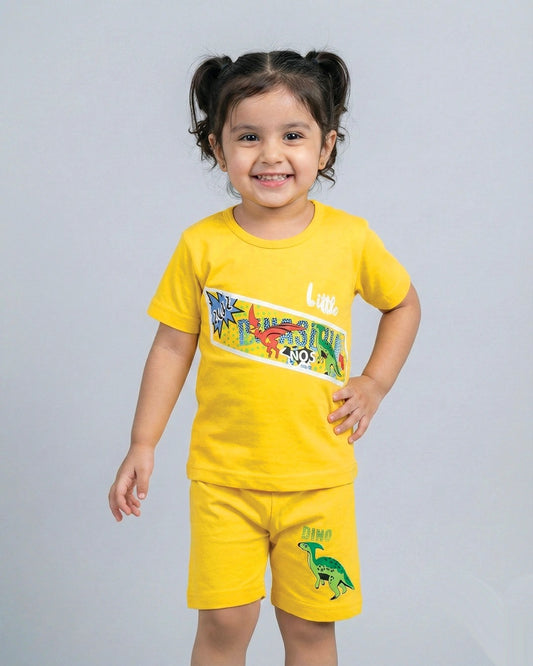 Tiny Dino Style Yellow Shorts Set Print Summer Outfit