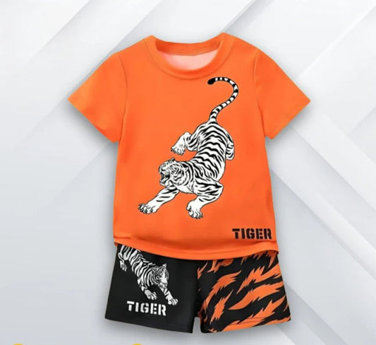 Orange & Black Tiger Printed Short Sleeve Kids Wear