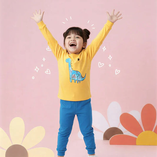 Yellow Blue Dino Printed Kids Wear