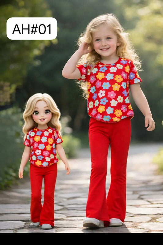 Sunshine Bloom Girls 2-Piece Floral Outfit Set – Red