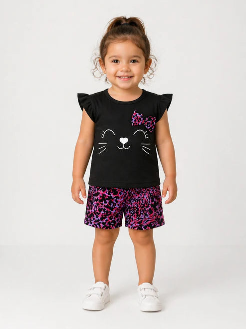 Girls Cute Cat Print Summer Outfit – Soft Top & Shorts Set