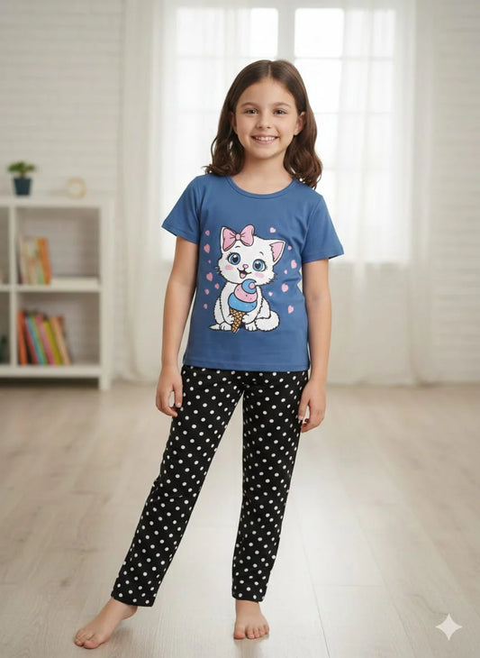 Cute Kitty Comfort Kids Pajama Set – Blue