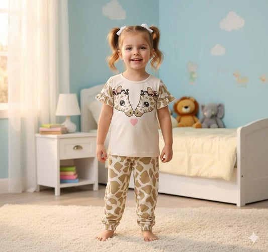 Little Giraffe Girls 2-Piece Pajama Set – Cream & Beige