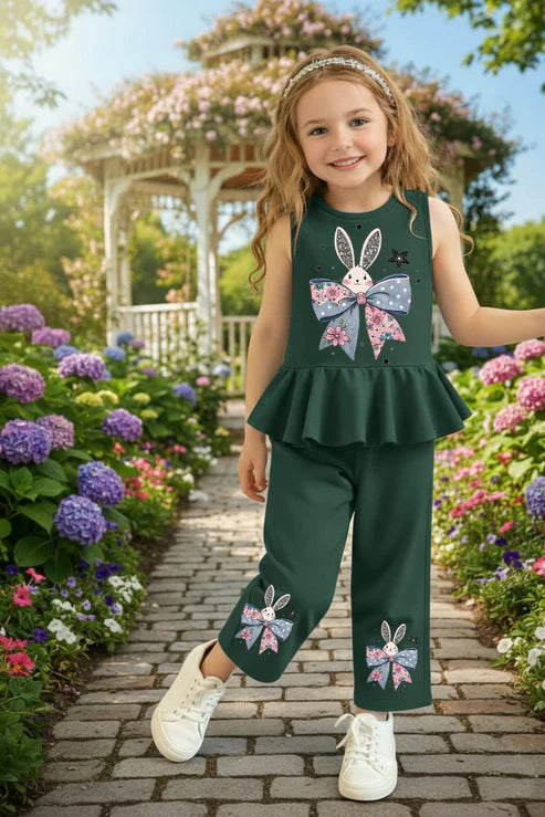 Bunny Bow Girls 2-Piece Peplum Set – Emerald Green