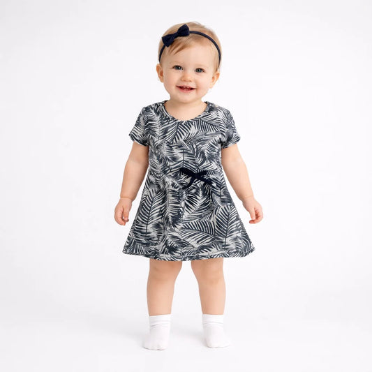 Baby Girl Palm Print Dress with Matching Bow Headband – Navy