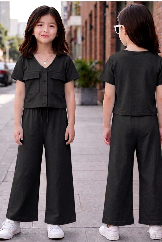 Girls Casual Black Co-Ord Set – Button Top & Wide Leg Pants Outfit