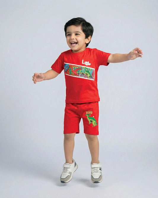 Tiny Dino Style Red Shorts Set Print Summer Outfit