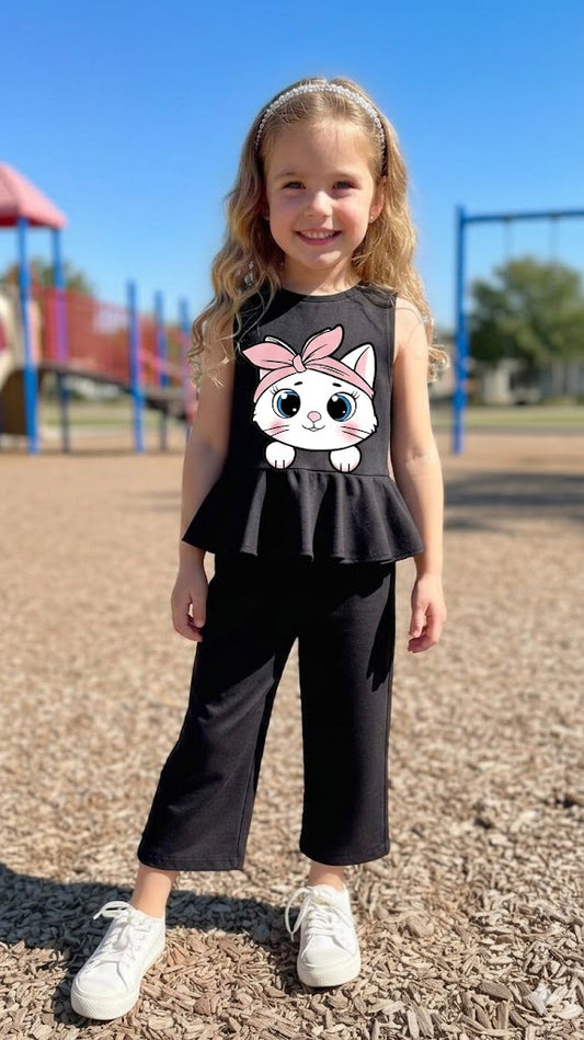 Cute Kitty Girls 2-Piece Peplum Set – Black