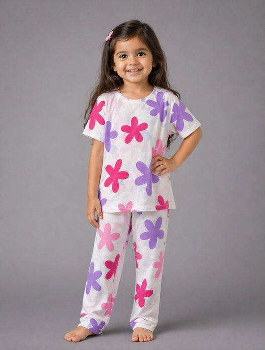 Kids Floral Print Cotton Night Suit – Soft & Stylish Pajama Set for Girls