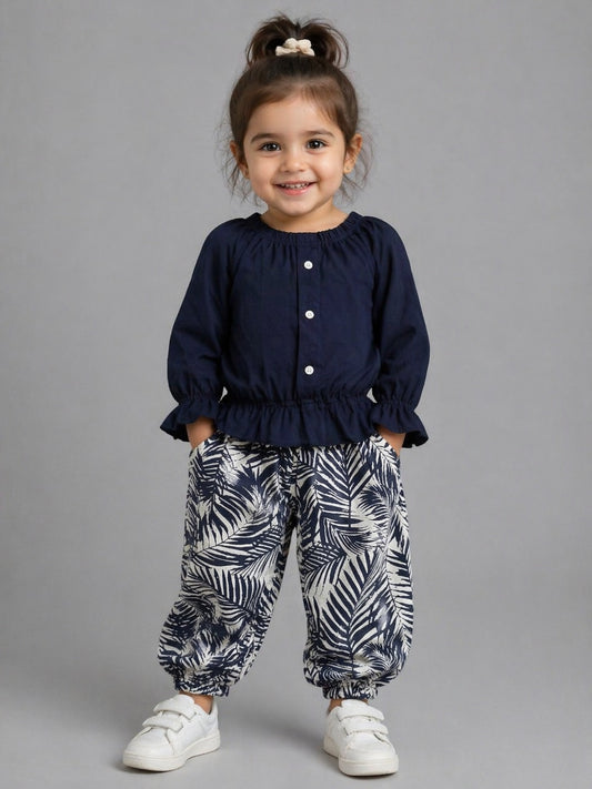 Toddler Girls Navy Blue Ruffle Top & Leaf Print Pants Set – Cute Stylish Outfit