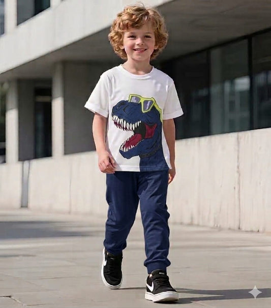 Kids Dinosaur Print T-Shirt & Navy Jogger Set – Trendy Casual Outfit