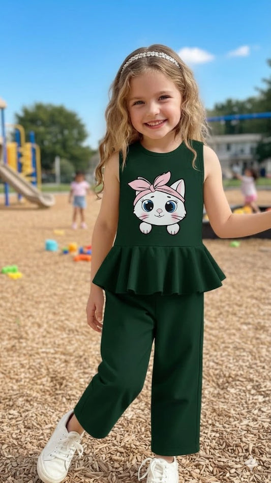 Cute Kitty Girls 2-Piece Peplum Set – Green