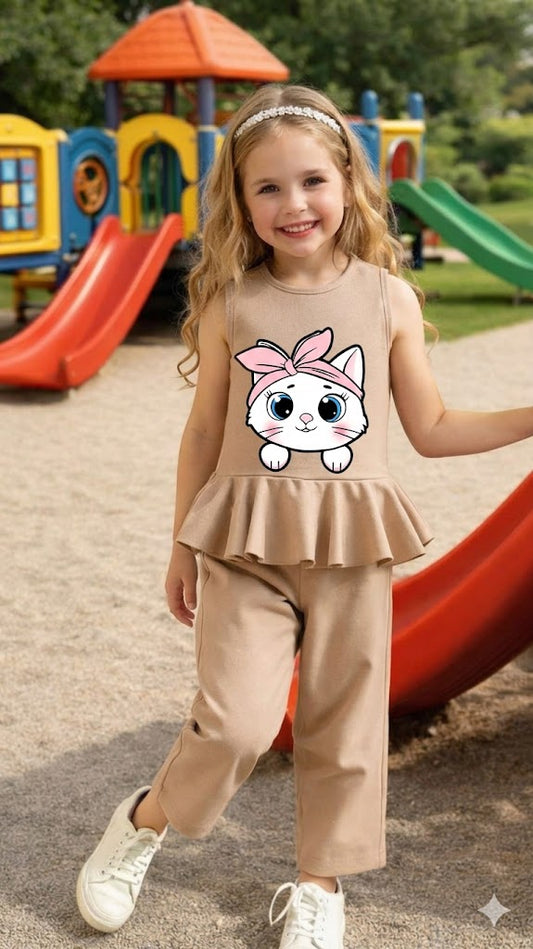 Cute Kitty Girls 2-Piece Peplum Set – Beige