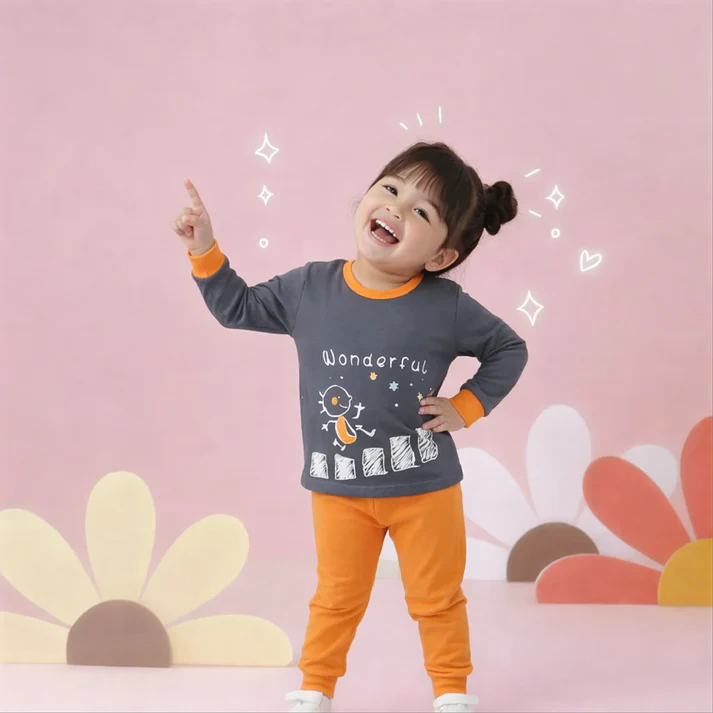 Orange and Grey Wonderful Cartoon Print Kids Wear