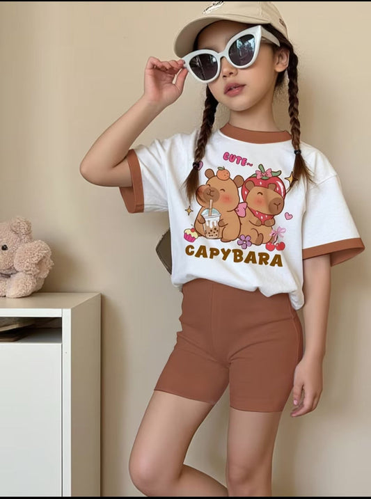 CUTE~ CAPYBARA" Capybara Animal Print T-Shirt with Brown Shorts