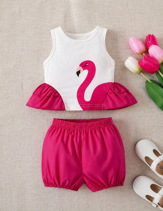 Baby Girl Pink Flamingo Summer Outfit – Sleeveless Top & Shorts Set