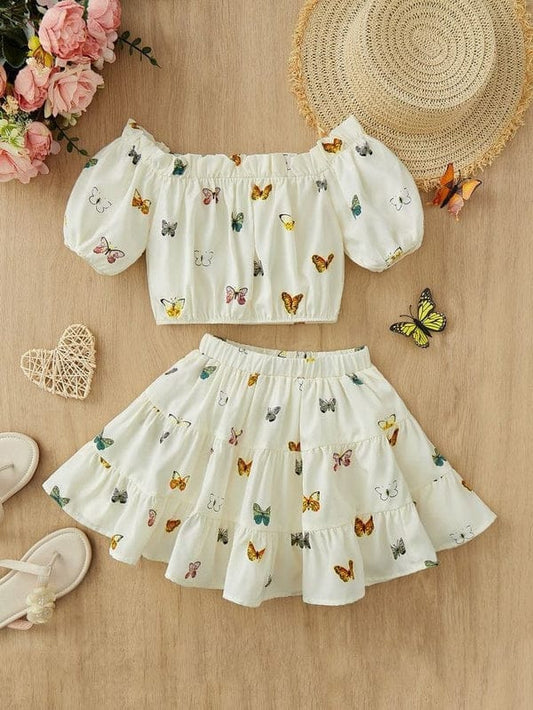 WHITE BUTTERFLY PRINT OFF SHOULDER TOP & RUFFLE HEM SKIRT KIDS WEAR